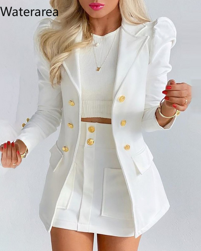 Waterarea modno jednobojno žensko odijelo za uredske dame s gumbima Seksi dvodijelni komplet sa jaknom s punim rukavima + mini suknja odijelo Novo proljeće