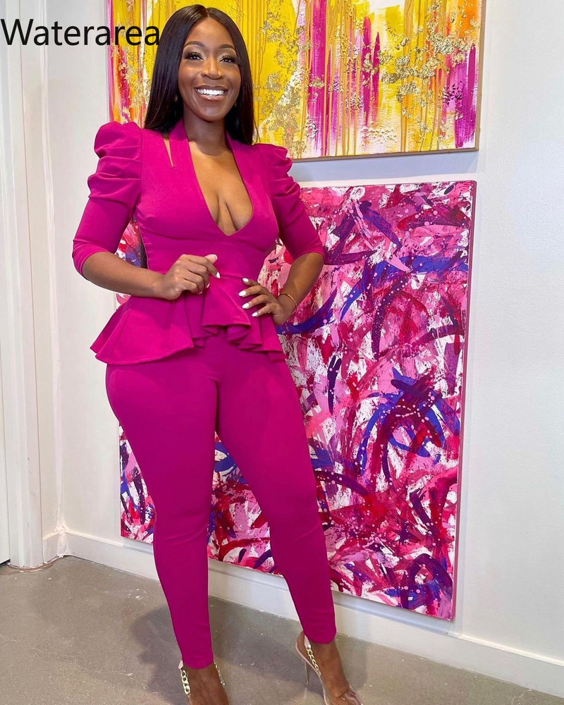 Waterarea Solid Seturi de damă sexy cu decolteu în V adânc Top pantaloni creion 2 buc costum casual cu jumătate de mâneci pantaloni ținute toamna 2021