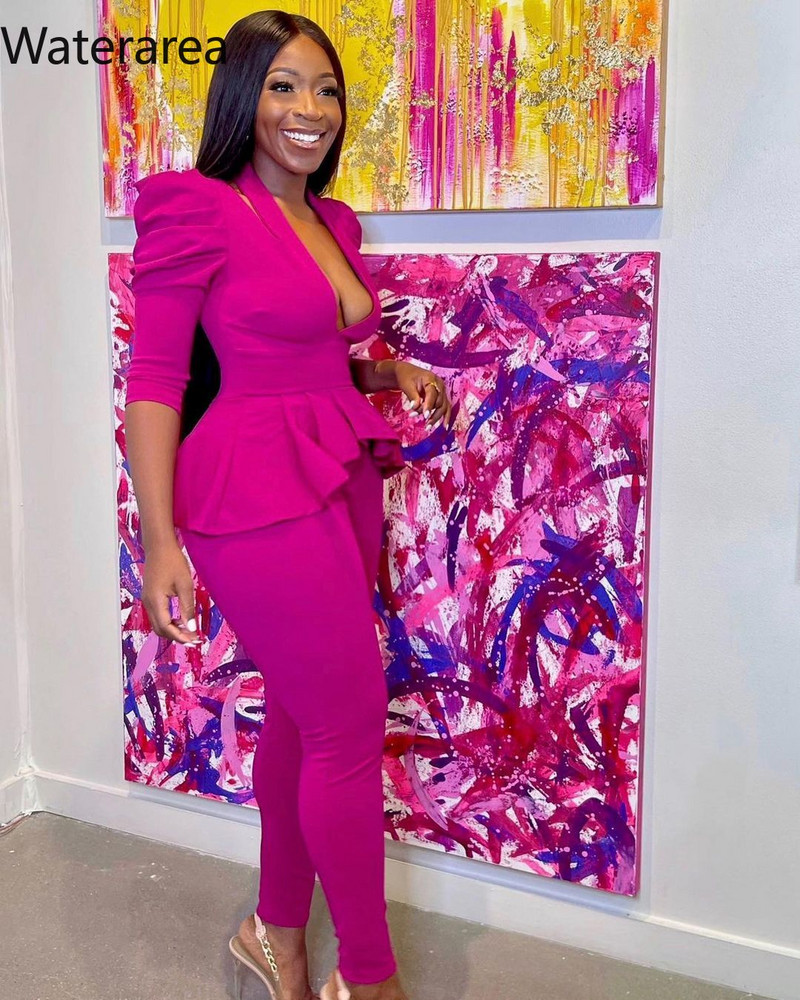 Waterarea Solid Seturi de damă sexy cu decolteu în V adânc Top pantaloni creion 2 buc costum casual cu jumătate de mâneci pantaloni ținute toamna 2021