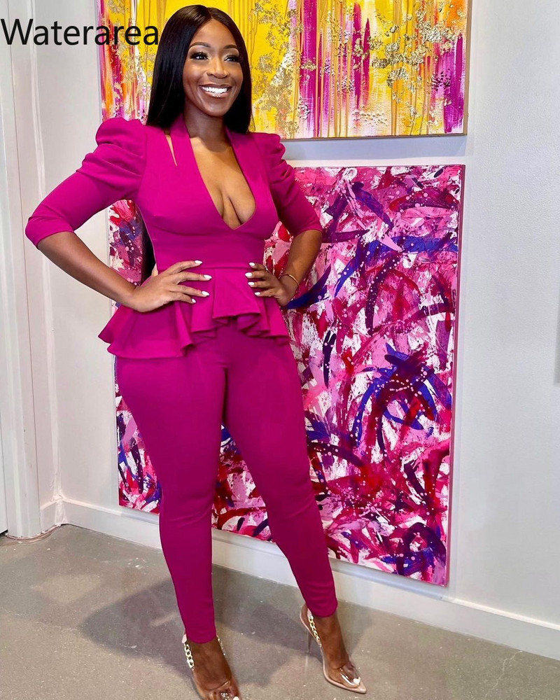 Waterarea Solid Seturi de damă sexy cu decolteu în V adânc Top pantaloni creion 2 buc costum casual cu jumătate de mâneci pantaloni ținute toamna 2021