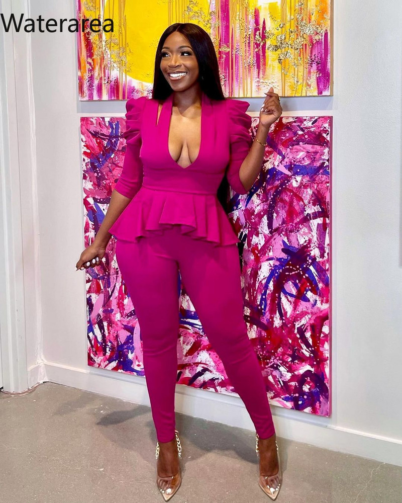 Waterarea Solid Seturi de damă sexy cu decolteu în V adânc Top pantaloni creion 2 buc costum casual cu jumătate de mâneci pantaloni ținute toamna 2021