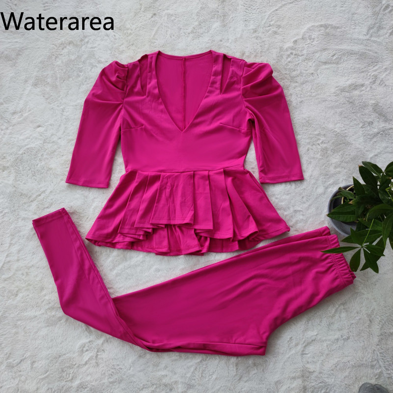 Waterarea Solid Seturi de damă sexy cu decolteu în V adânc Top pantaloni creion 2 buc costum casual cu jumătate de mâneci pantaloni ținute toamna 2021