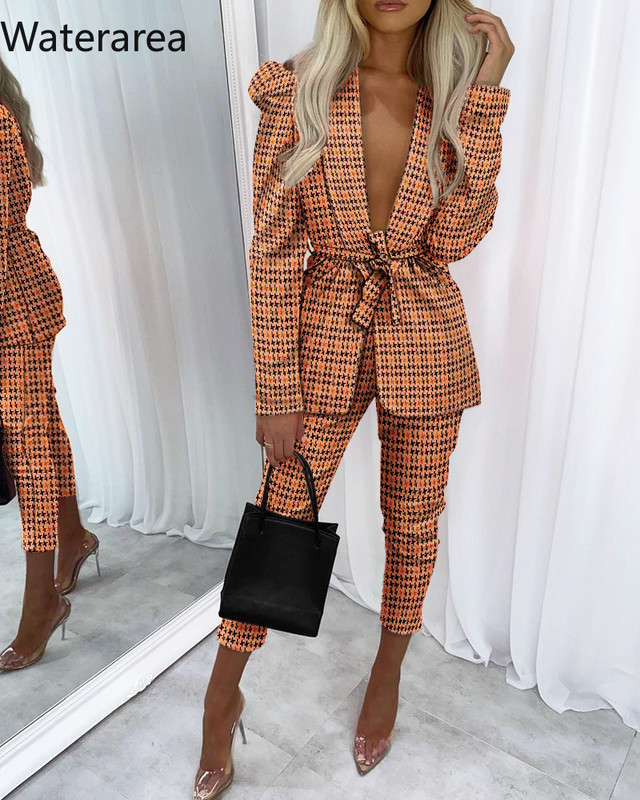 Waterarea Nou Set de damă cu imprimeu în carouri Trening Fashion Sexy Guler șal Blazere Costum Pantaloni Set două piese OL Uniformă de afaceri