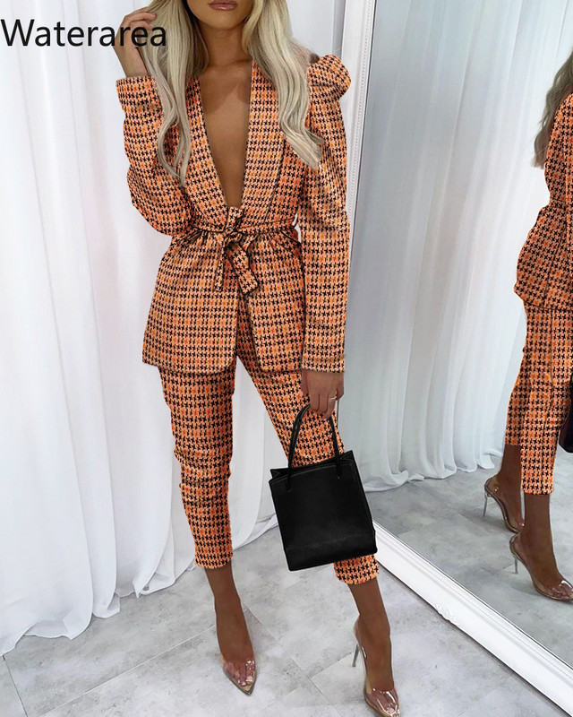 Waterarea Nou Set de damă cu imprimeu în carouri Trening Fashion Sexy Guler șal Blazere Costum Pantaloni Set două piese OL Uniformă de afaceri