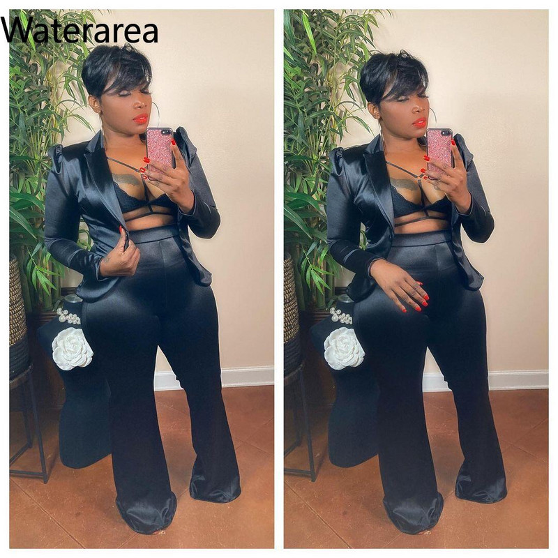 Waterarea Дамски плътен дамски комплект Анцуг Ежедневен блейзър с пълни ръкави Костюм с панталон Моден тънък комплект от две части секси тоалет