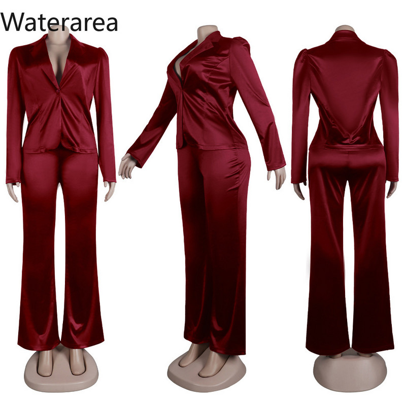 Waterarea Дамски плътен дамски комплект Анцуг Ежедневен блейзър с пълни ръкави Костюм с панталон Моден тънък комплект от две части секси тоалет