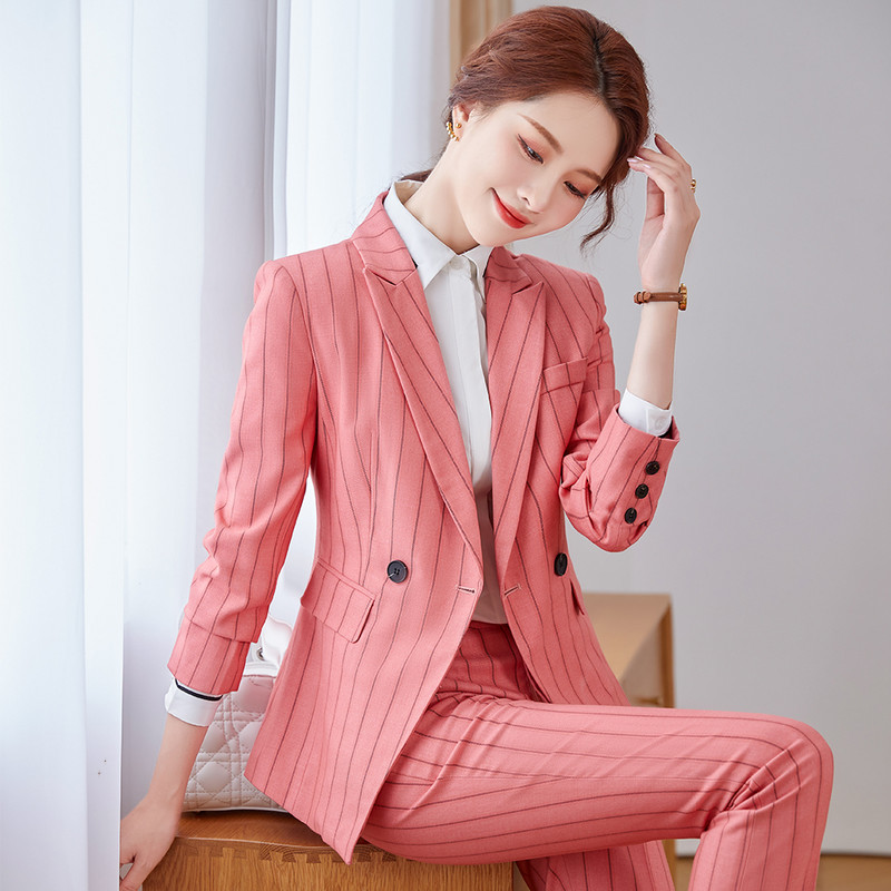 Дамско офисно официално работно облекло Панталон Дамски розово сиво зелено райе с дълъг ръкав Класически тънък блейзър от две части