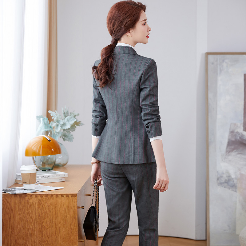 Дамско офисно официално работно облекло Панталон Дамски розово сиво зелено райе с дълъг ръкав Класически тънък блейзър от две части