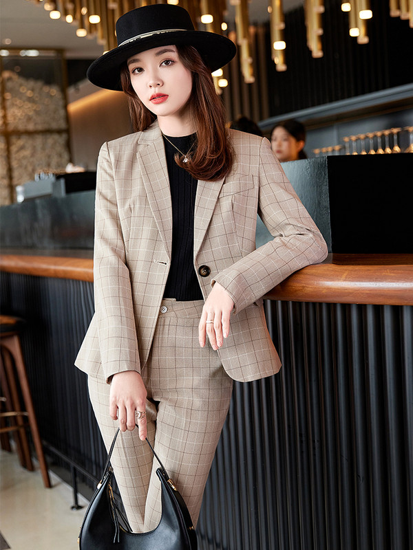 Дамски офис дамски есенен официален костюм с панталон Каки синьо карирано бизнес интервю Работно облекло Блейзър и панталон Комплект от 2 части