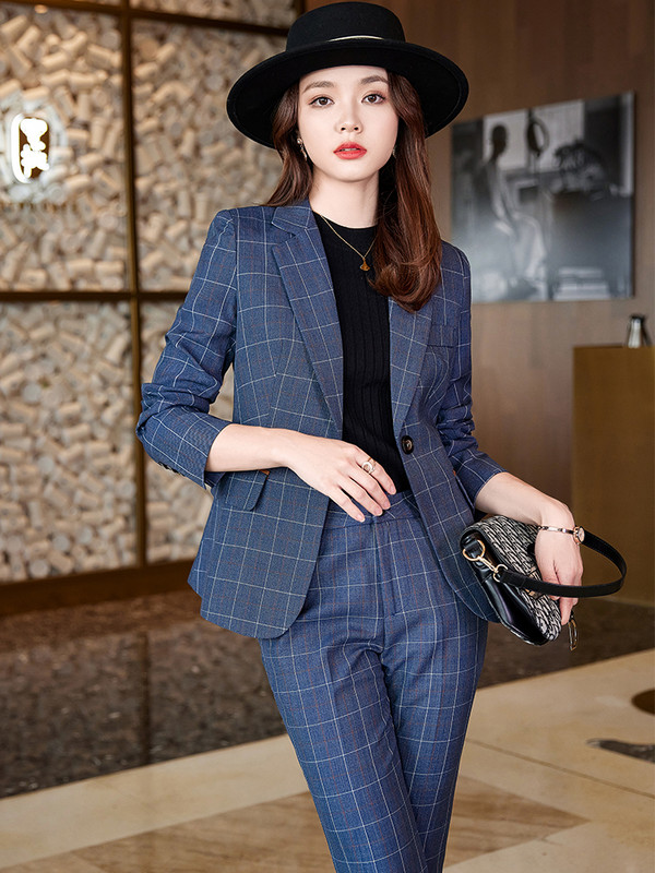 Дамски офис дамски есенен официален костюм с панталон Каки синьо карирано бизнес интервю Работно облекло Блейзър и панталон Комплект от 2 части
