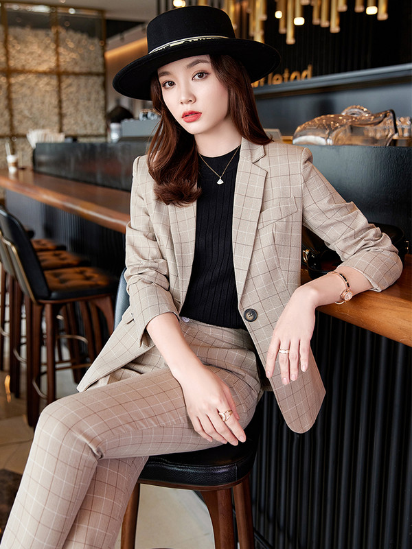 Дамски офис дамски есенен официален костюм с панталон Каки синьо карирано бизнес интервю Работно облекло Блейзър и панталон Комплект от 2 части