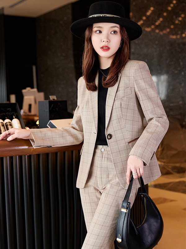 Дамски офис дамски есенен официален костюм с панталон Каки синьо карирано бизнес интервю Работно облекло Блейзър и панталон Комплект от 2 части
