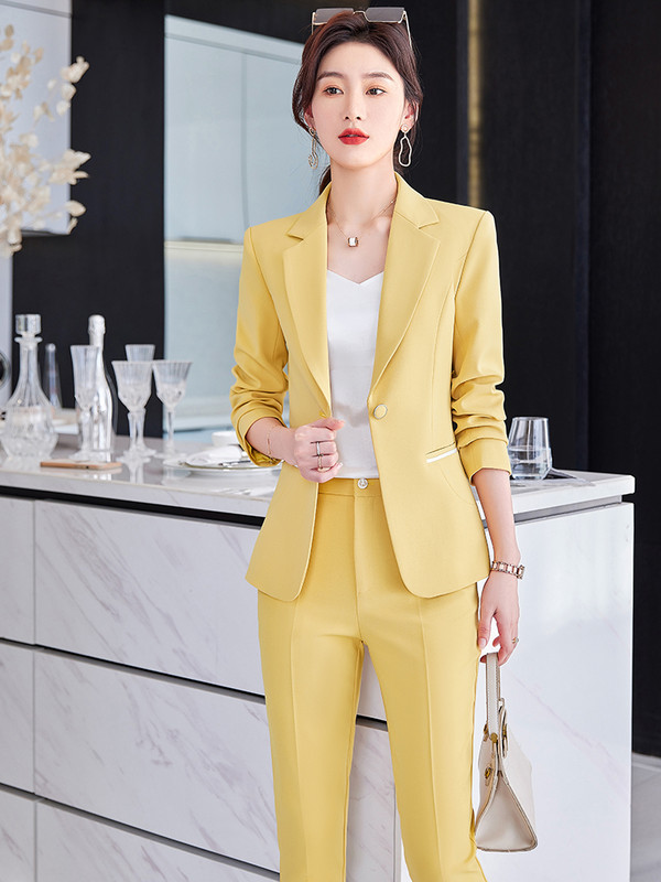 Дамски розов, жълто-син и черен панталон, дамски плътен официален сако и панталон, комплект от 2 части за офис дамско работно облекло
