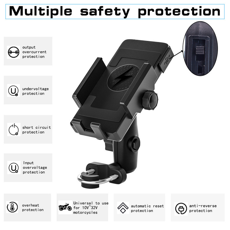 Държач за телефон за мотоциклет за мотоциклет Мотоциклет Огледало Мобилна стойка Поддръжка USB зарядно Безжично зареждане Стойка за мобилен телефон