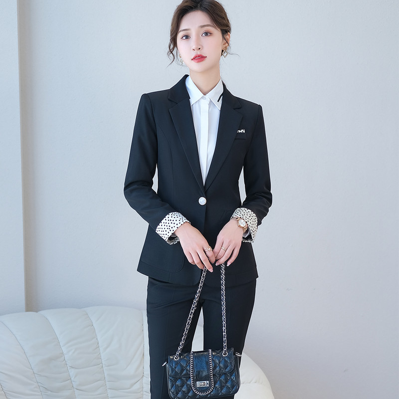 Дамски червен, черен, син официален костюм с панталон, комплект от 2 части Блейзър Дамско работно бизнес облекло, сако и панталон с дълъг ръкав и едно копче