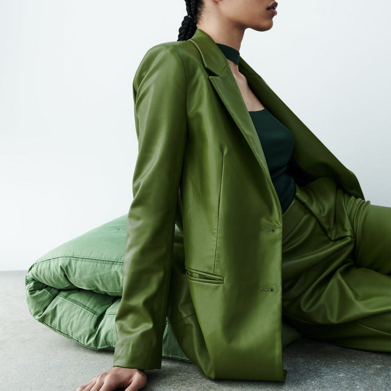 Femei 2022 Toamna iarna Blazer și pantaloni din piele artificială Verde Office Lady Jachetă PU Costum Moda Set 2 piese Pantaloni INKEO 2O114