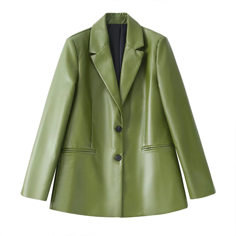 Femei 2022 Toamna iarna Blazer și pantaloni din piele artificială Verde Office Lady Jachetă PU Costum Moda Set 2 piese Pantaloni INKEO 2O114