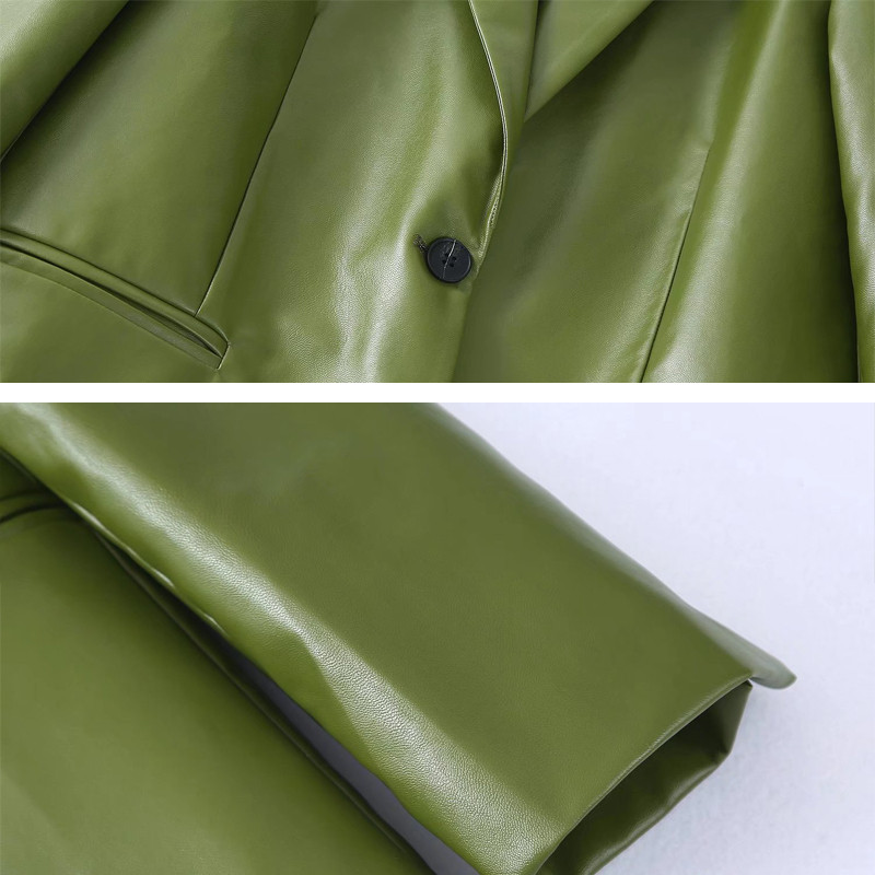 Femei 2022 Toamna iarna Blazer și pantaloni din piele artificială Verde Office Lady Jachetă PU Costum Moda Set 2 piese Pantaloni INKEO 2O114