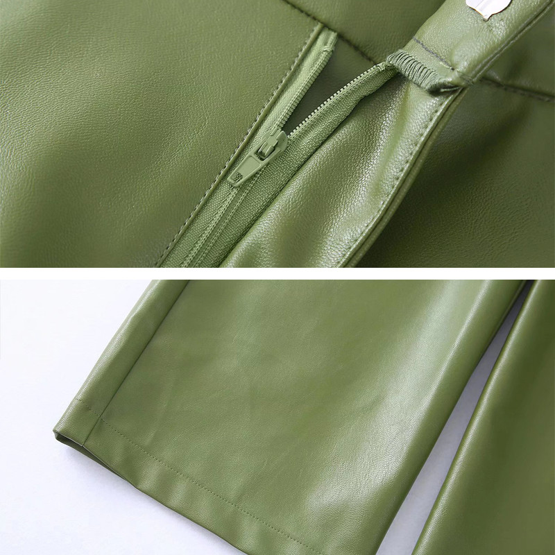 Femei 2022 Toamna iarna Blazer și pantaloni din piele artificială Verde Office Lady Jachetă PU Costum Moda Set 2 piese Pantaloni INKEO 2O114