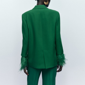 Дамски блейзър панталон с пера Комплект от 2 части 2022 Есенно зелено Елегантно яке с дълъг ръкав Панталон с широки крачоли Костюм Комплект от 2 части INKEO 2O216