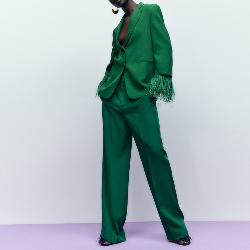 Pantaloni blazer pentru femei Set 2 piese Toamna 2022 Verde Elegant Jachetă cu mânecă lungă Pantaloni largi Costum Set 2 piese INKEO 2O216