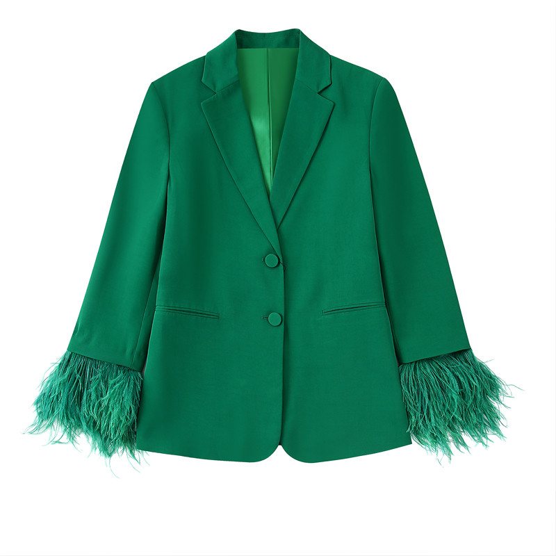 Pantaloni blazer pentru femei Set 2 piese Toamna 2022 Verde Elegant Jachetă cu mânecă lungă Pantaloni largi Costum Set 2 piese INKEO 2O216