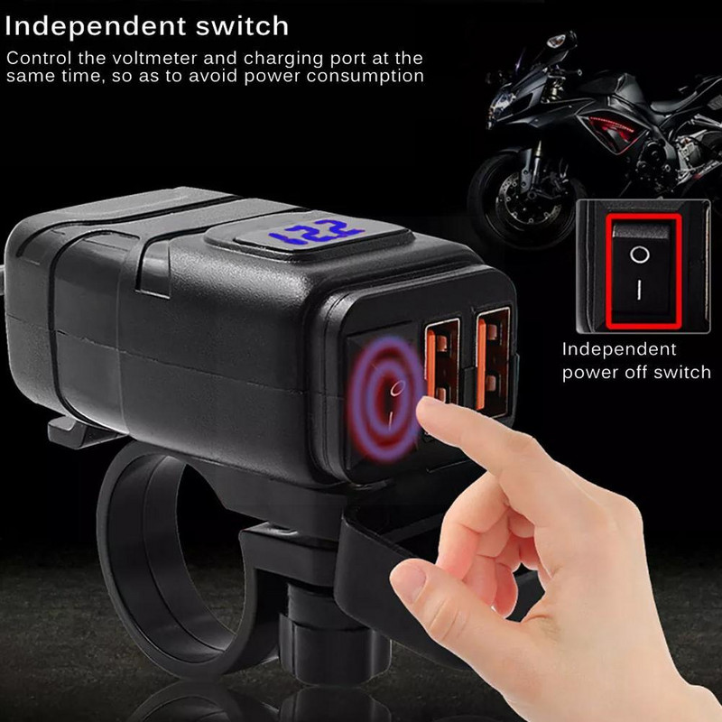Încărcător pentru ghidon de motocicletă 12V, impermeabil, dublu USB, voltmetru pentru motocicletă, adaptor pentru telefon, port rapid cu încărcare port J2W6