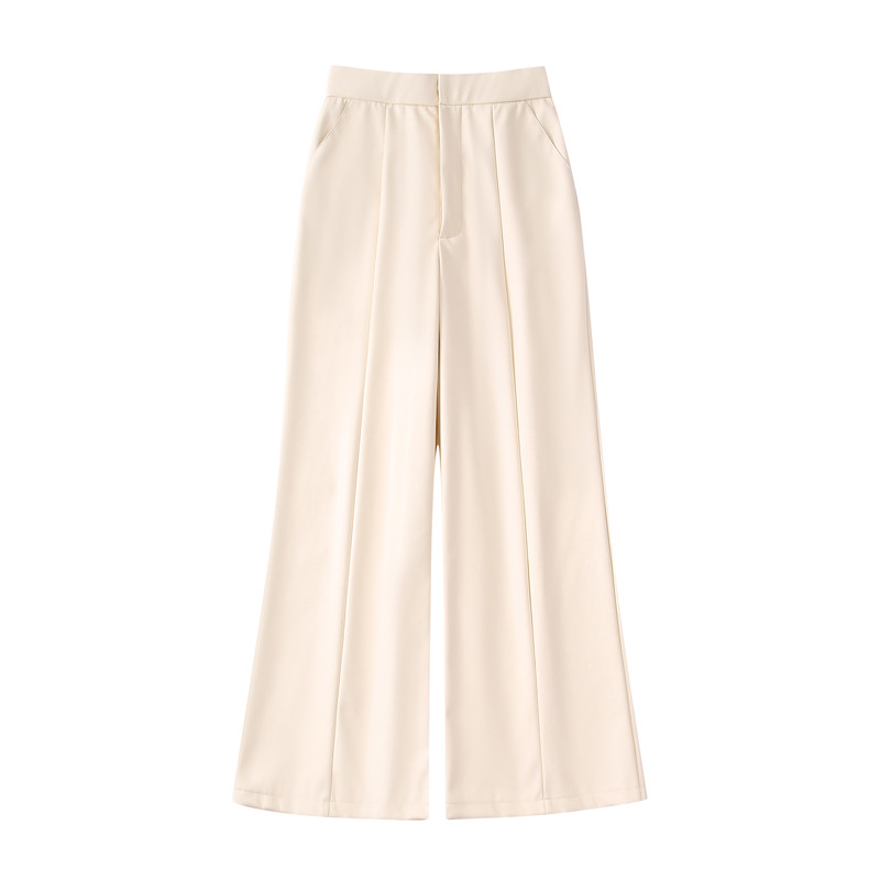 Висококачествен дамски блейзър от изкуствена кожа 2022 Есен Зима Бежов дамски луксозен PU панталон Комплект от 2 части Дамски дрехи INKEO 2O115