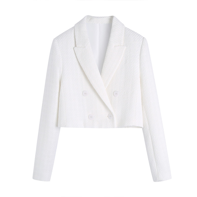 Sacou și pantaloni scurți de toamnă pentru femei, din tweed alb, costum 2022, noua modă, haină crop, îmbrăcăminte cu mânecă lungă, set 2 piese INKEO 2T101