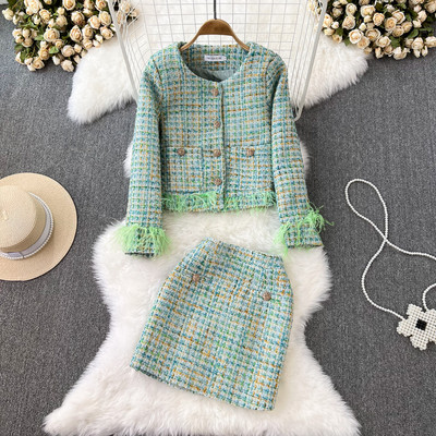 Elegáns Feather hosszú ujjú kabát és mini szoknya női 2 részes szett 2023 Új Kiváló minőségű Tweed blézer Öltöny Női INKEO 2O320