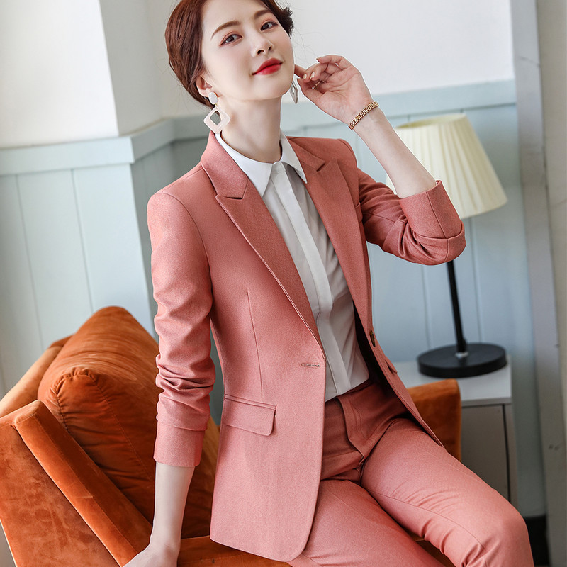Висококачествен дамски официален костюм с панталон Розов и черен комплект от 2 части, офис дамско бизнес облекло, сако и панталон