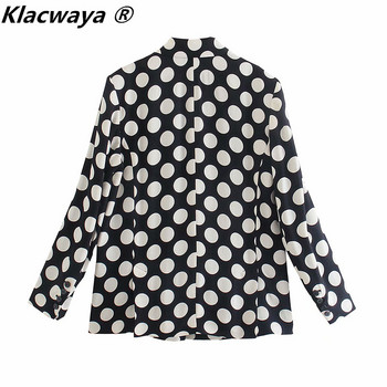 Klacwaya 2021 Дамски моден комплект Vintage Polka Dot Свободен блейзър с джоб Дамски панталони с висока талия на точки Дамски офис костюм