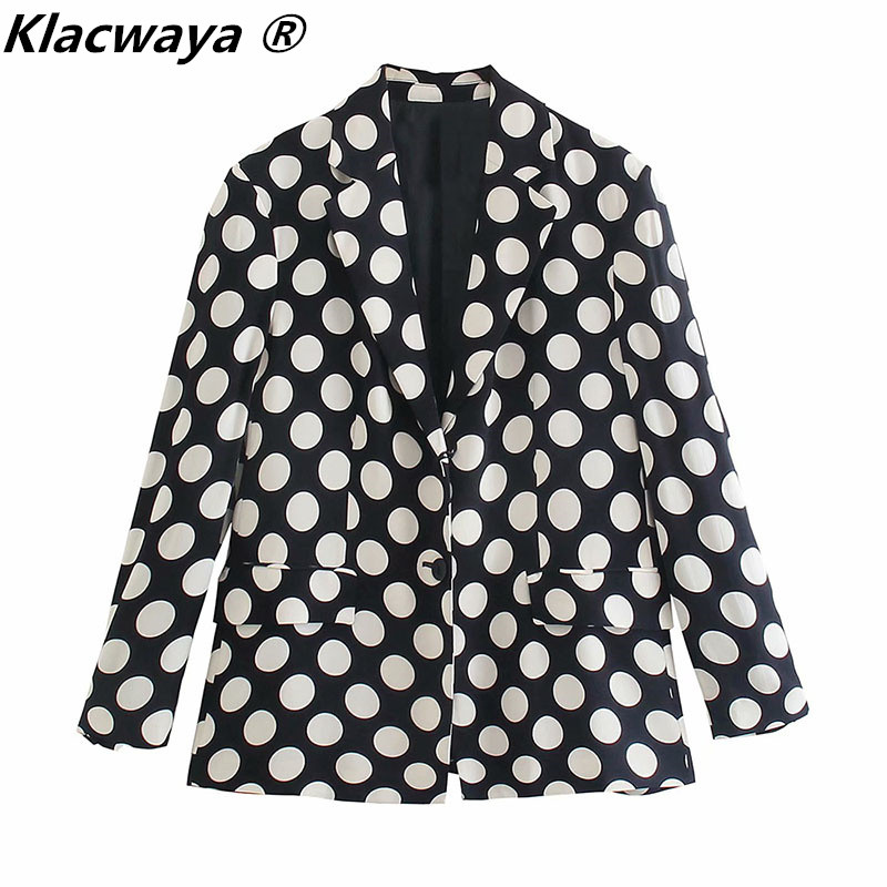 Klacwaya 2021 Дамски моден комплект Vintage Polka Dot Свободен блейзър с джоб Дамски панталони с висока талия на точки Дамски офис костюм