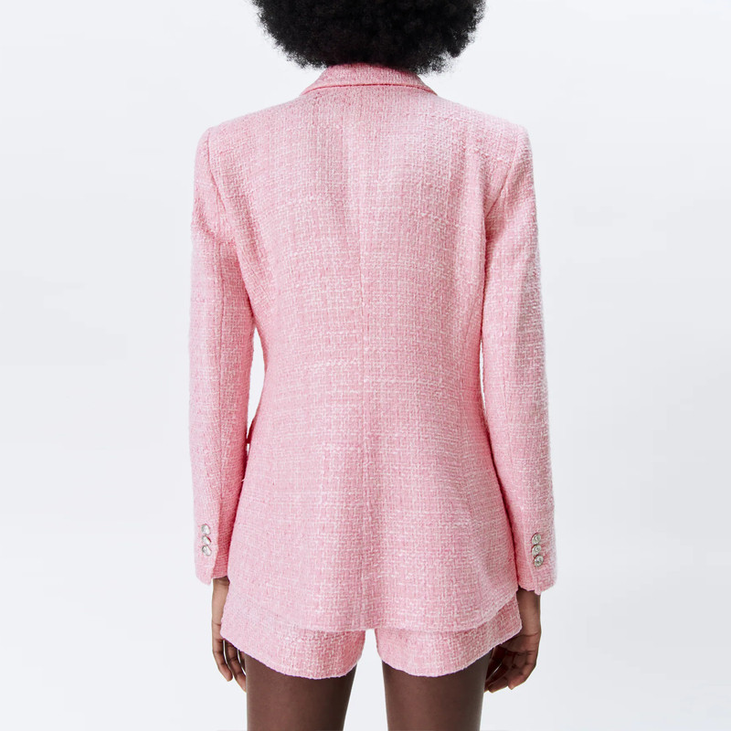 Розов дамски костюм от туид Блейзър 2021 Есен Зима Двуредно дамско яке Офис стил Женска къса мини пола YNZZU 1O050