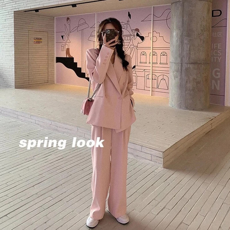 JuneLove Femei Toamna Birou Alb Roz Costum Pantaloni din Două Piese Blazer Elegant Femeie Set Casual Pantaloni Largi Jachetă Haine de lucru