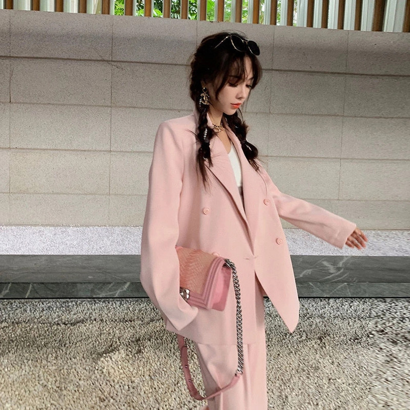 JuneLove Femei Toamna Birou Alb Roz Costum Pantaloni din Două Piese Blazer Elegant Femeie Set Casual Pantaloni Largi Jachetă Haine de lucru