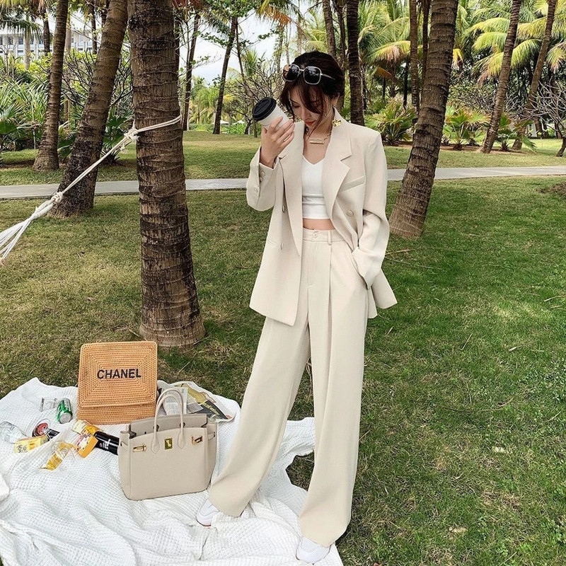 JuneLove Femei Toamna Birou Alb Roz Costum Pantaloni din Două Piese Blazer Elegant Femeie Set Casual Pantaloni Largi Jachetă Haine de lucru