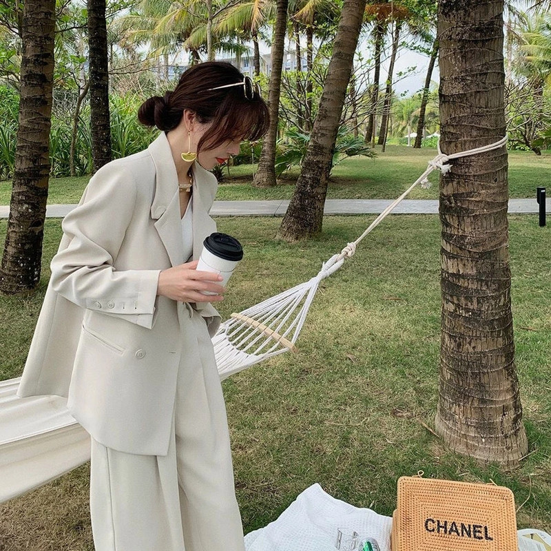 JuneLove Femei Toamna Birou Alb Roz Costum Pantaloni din Două Piese Blazer Elegant Femeie Set Casual Pantaloni Largi Jachetă Haine de lucru