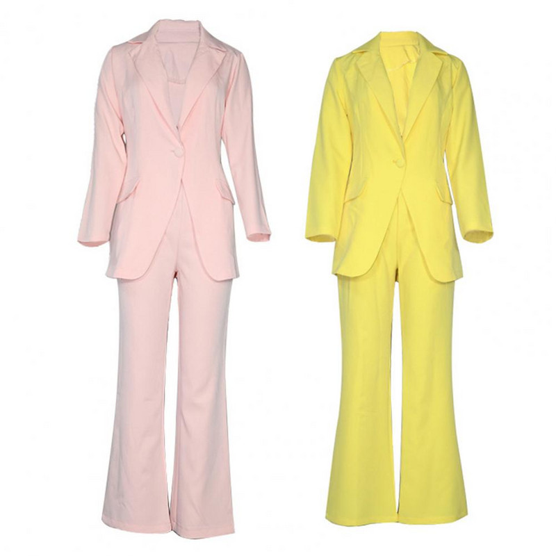 2021 Мода 1 комплект Дамски темпераментен комплект костюми Едноцветен дълъг ръкав от две части Копчета за ревери Офис дамски блейзър панталон за сватба