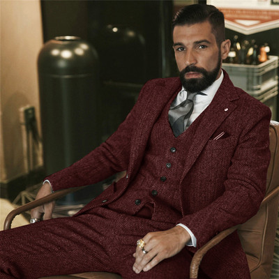 Сив вълнен зимен костюм от туид за мъже Рибена кост Slim Fit Официален смокинг за младоженеца от 3 части Сватбени мъжки костюми (яке+жилетка+панталон)
