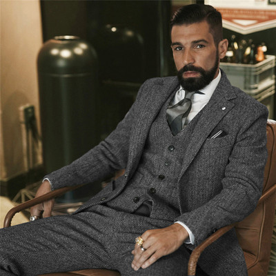 Сив вълнен зимен костюм от туид за мъже Рибена кост Slim Fit Официален смокинг за младоженеца от 3 части Сватбени мъжки костюми (яке+жилетка+панталон)