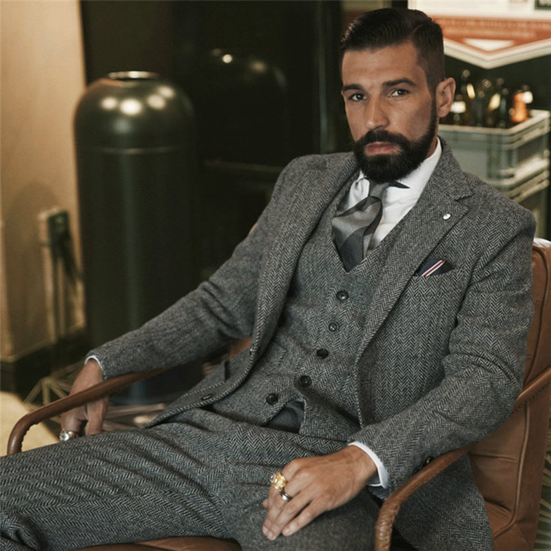 Badu.bg Сив вълнен зимен костюм от туид за мъже Рибена кост Slim Fit ...