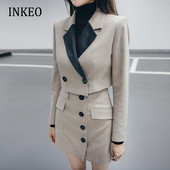 Női 2 részes készlet Blézer zsebek szoknya Khaki őszi öltöny Elegáns Gombos Kabát Rövid kabát ruha Női Koreai Chic INKEO 2O026