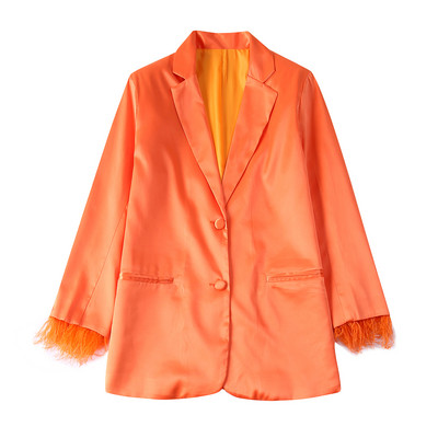 2 részes szett Női tollas blézer nadrág Orange 2022 Fall Soft Satin Elegant Egygombos kabát Széles szárú nadrág Öltöny INKEO 2O070
