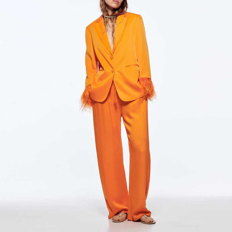 Комплект от 2 части Дамски блейзър панталон с пера Оранжев 2022 Есен Мек сатен Елегантно яке с едно копче Панталон с широки крачоли Костюм INKEO 2O070