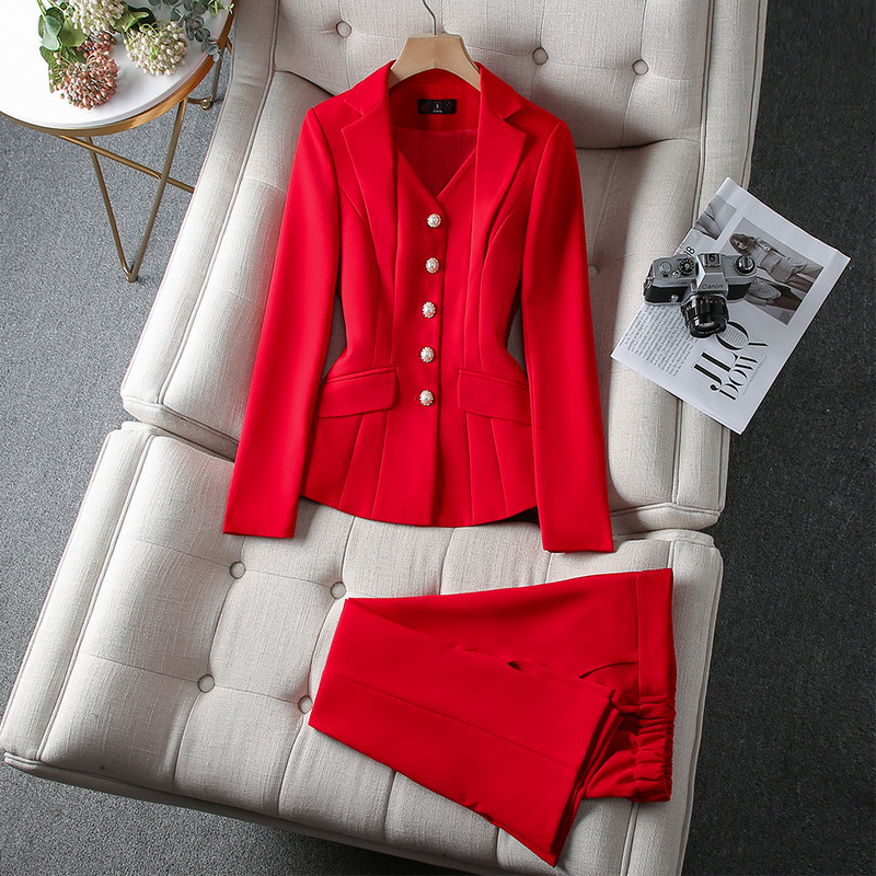 Design de modă Alb Roșu Negru Doamnelor Blazer Jachetă și Pantaloni Pantaloni Femei Femei Formal Birou Set 2 Piese