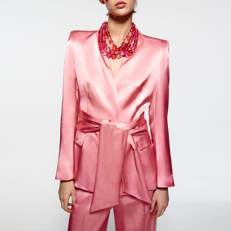 Femei Blazer și pantaloni eleganti din acetat Toamna Iarnă 2022 Costume cu jachetă cu fundă de înaltă calitate Set 2 piese din satin la modă Nou INKEO 2O054