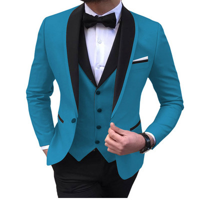 Сини мъжки костюми с цепка от 3 части Черен шал с ревер Ежедневни смокинги за сватбени шаферски костюми Мъжки 2022 (блейзър+жилетка+панталон)