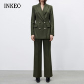 Vintage Office női öltöny nadrág és kabát Spring Green Dupla mellű blézer Elegant Széles szárú nadrág 2 részes szett INKEO 1O270