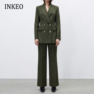 Vintage Office női öltöny nadrág és kabát Spring Green Dupla mellű blézer Elegant Széles szárú nadrág 2 részes szett INKEO 1O270